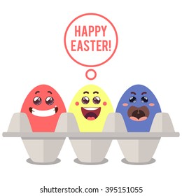 Funny cartoon easter eggs in the tray. Vector illustration in flat style for greetings card