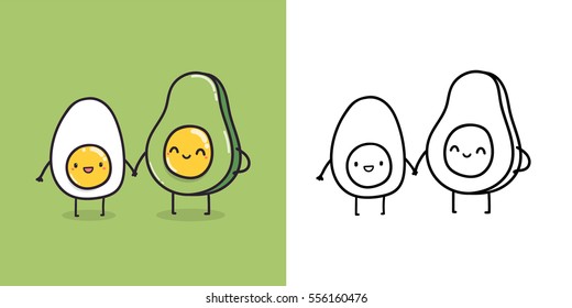 Funny cartoon egg and avocado. Ketogenic diet food illustration. Low carb friends