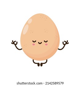 Funny cartoon egg levitating in lotus pose, Cute happy chicken egg meditate in yoga pose, icon cartoon character Vector flat illustration isolated on white background