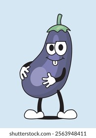 Funny cartoon eggplant character with a playful face, tongue out, and holding its belly, isolated on a light blue background. Flat cartoon vector illustration