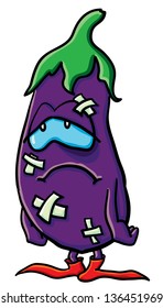 Funny cartoon eggplant on the white background