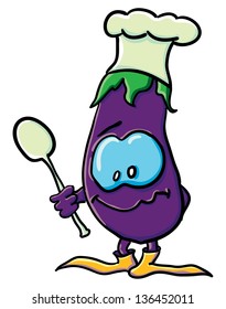Funny cartoon eggplant on the white background