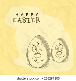 Funny cartoon of eggs on grungy background for Happy Easter celebration.