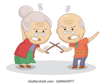 Funny cartoon elderly couple duel with canes. An elderly married couple quarrel.Bad relationship concept. Design for print, t-shirt, party decoration, sticker, etc. 