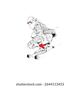 Engraçado Desenho Animado de Homem Idoso de Terno com Meias Vermelhas Tênis e Óculos de Sol Saltando no Skate Caprichoso Digital Mão Desenhada Ilustração de Vovô Legal Executando Truque no Meio do Ar