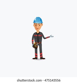 Funny cartoon electrician. Handyman wearing work clothes and a belt with tools.  Assembling, electrician  with pointing pose. Electrician, he will dress in work clothes and carrying different tools
