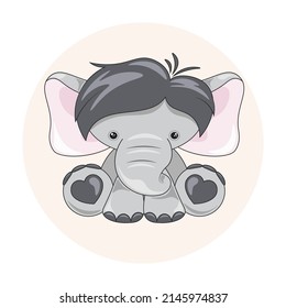 Funny cartoon elephant. child's drawing of a cute elephant. cartoon animal design. Flat vector illustration isolated on white background. Seated elephant with hair