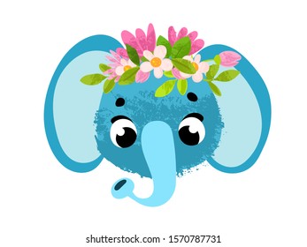 Funny cartoon elephant. Cute animal head with flowers wreath. Vector illustration 