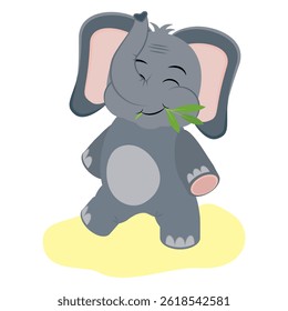 Funny cartoon elephant eating grass. Cute animal character on white background. Children's design, vector illustration, eps 10.