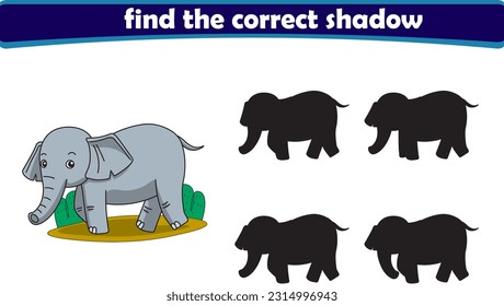 Funny cartoon elephant. find the correct shadow. Kids Education games. Cartoon vector illustration