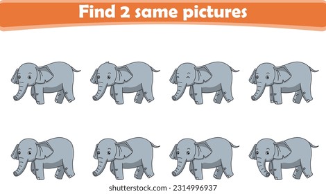 Funny cartoon elephant. Find two same pictures. Educational game for children. Cartoon vector illustration