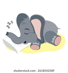Funny cartoon elephant sleeping. Cute animal character on white background. Children's design, vector illustration, eps 10.