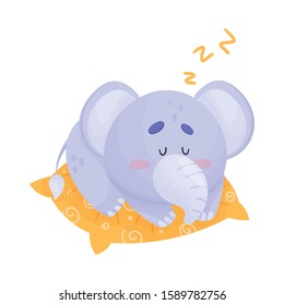 Funny Cartoon Elephant Sleeping on the Pillow Vector Illustration