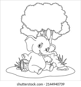 Funny cartoon elephant which pours himself with water. Black and white vector illustration for coloring book, line art, coloring pages, kids coloring book, elephant coloring book pages.