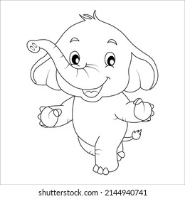 Funny cartoon elephant which pours himself with water. Black and white vector illustration for coloring book, line art, coloring pages, kids coloring book, elephant coloring book pages.