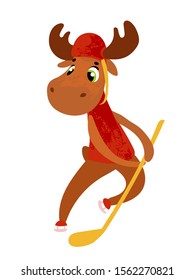 Funny cartoon elk hockey player. Winter games. Vector illustration in children's style, for children's books, t-shirt prints, posters, stickers or decor