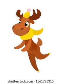 Funny cartoon elk skating. Winter theme. Vector illustration in children's style, for children's books, t-shirt prints, greeting cards, posters, stickers or decor