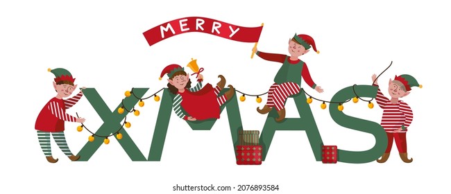 Funny cartoon elves with gifts. Little people. Santa's helpers vector illustration. Merry Christmas banner