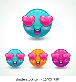 Funny cartoon emoji character  face in love. Round smiley face stickers, different color variations. Vector icons set.