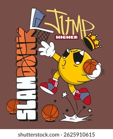 Engraçado personagem de desenho animado emoji jogando basquete com ação slam dunk, design urbano estilo rua, perfeito para t-shirt e vestuário jovem.