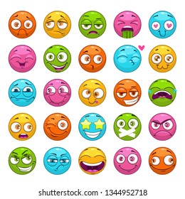 Funny cartoon emoji characters set. Round comic faces with different emotions. Vector assets for game or web design.