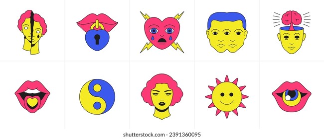 Funny cartoon emoji surreal elements comic trendy psychedelic weird groovy icon set vector flat illustration. Cracked sculpture double man portrait lips with lock human brain woman head summer sun