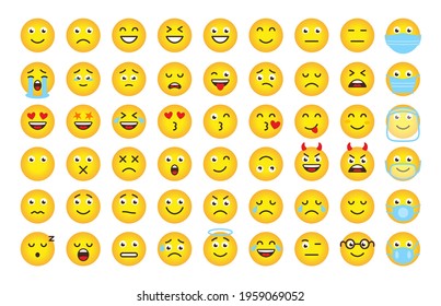 Funny cartoon emoji of yellow gradient. Mood or facial emotion symbol for digital chat app objects. Faces expressing crazy,funny, sad, angry. Emoticons in mask. Isolated on white vector illustration