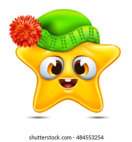 funny cartoon emotion littie star with big eyes in winter hat. 