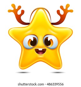  funny cartoon emotion littie star with reindeer horns. vector illustration.