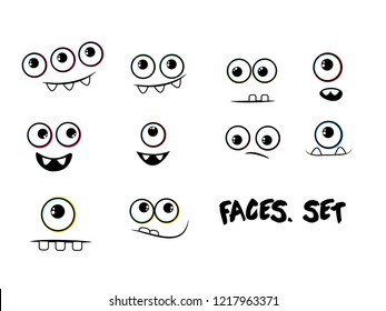 Funny cartoon emotional faces set for comics design. faces with different expressions, happy and smiling, featuring the eyes and mouth