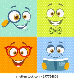 Funny cartoon emotions faces on bright colored background