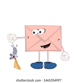 funny cartoon envelope with eyes, legs and hands holds a mouse in its hand by the tail, which is trying to reach the cheese