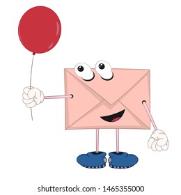 funny cartoon envelope with eyes, legs and hands holding a red balloon and smiling