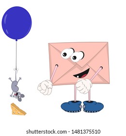 funny cartoon envelope with eyes, legs and hands happily looking like a little mouse flying in a balloon