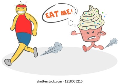 Funny Cartoon evil cake running after the runner and asks him to eat himself. Concept of motivation, diet, sport, fitness, willpower, running, eat me, unhealthy food. Doodle vector illustration. Logo.