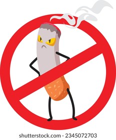 
Funny Cartoon Evil Cigarette No Smoking Sign Vector Badge
Toxic habit being forbidden in public spaces 
