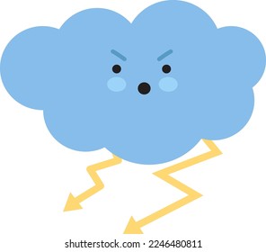 Funny cartoon evil cloud with lightnings in kawaii style. Vector