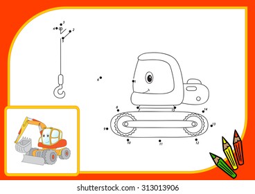 Funny cartoon excavator. Connect dots and get image. Educational game for kids. Vector illustration