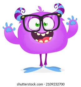 Funny cartoon excited monster character. Halloween Illustration of happy alien creature. Package or logo design. Vector isolated