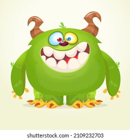 Funny cartoon excited monster character. Halloween Illustration of happy alien creature. Package or logo design. Vector isolated