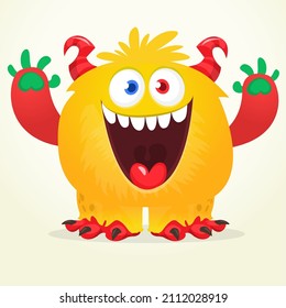 Funny cartoon excited monster character. Halloween Illustration of happy alien creature. Package or logo design. Vector isolated