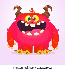 Funny cartoon excited monster character. Halloween Illustration of happy alien creature. Package or logo design. Vector isolated