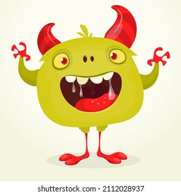 Funny cartoon excited monster character. Halloween Illustration of happy alien creature. Package or logo design. Vector isolated