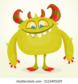 Funny cartoon excited monster character. Halloween Illustration of happy alien creature. Package or logo design. Vector isolated