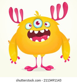 Funny cartoon excited monster character. Halloween Illustration of happy alien creature. Package or logo design. Vector isolated