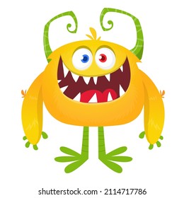 Funny cartoon excited monster character. Halloween Illustration of happy alien creature. Package or logo design. Vector isolated