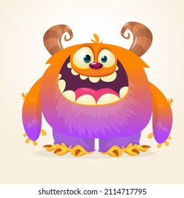 Funny cartoon excited monster character. Halloween Illustration of happy alien creature. Package or logo design. Vector isolated