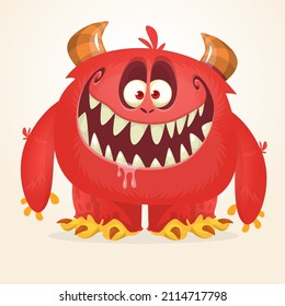 Funny cartoon excited monster character. Halloween Illustration of happy alien creature. Package or logo design. Vector isolated