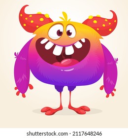 Funny cartoon excited monster character. Halloween Illustration of happy alien creature. Package or logo design. Vector isolated