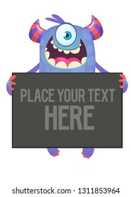 Funny cartoon excited one-eyed monster holding blank paper scroll or banner or poster